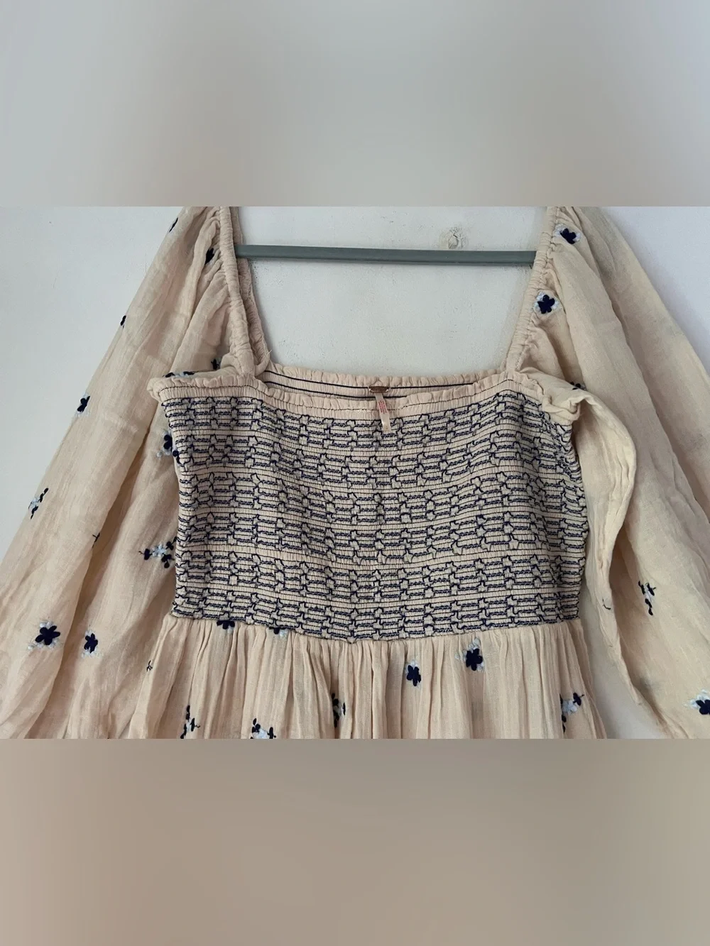 Free People Dahlia Smocked Wide Balloon Leg Jumpsuit Ecru Boho Embroidered  Sz L